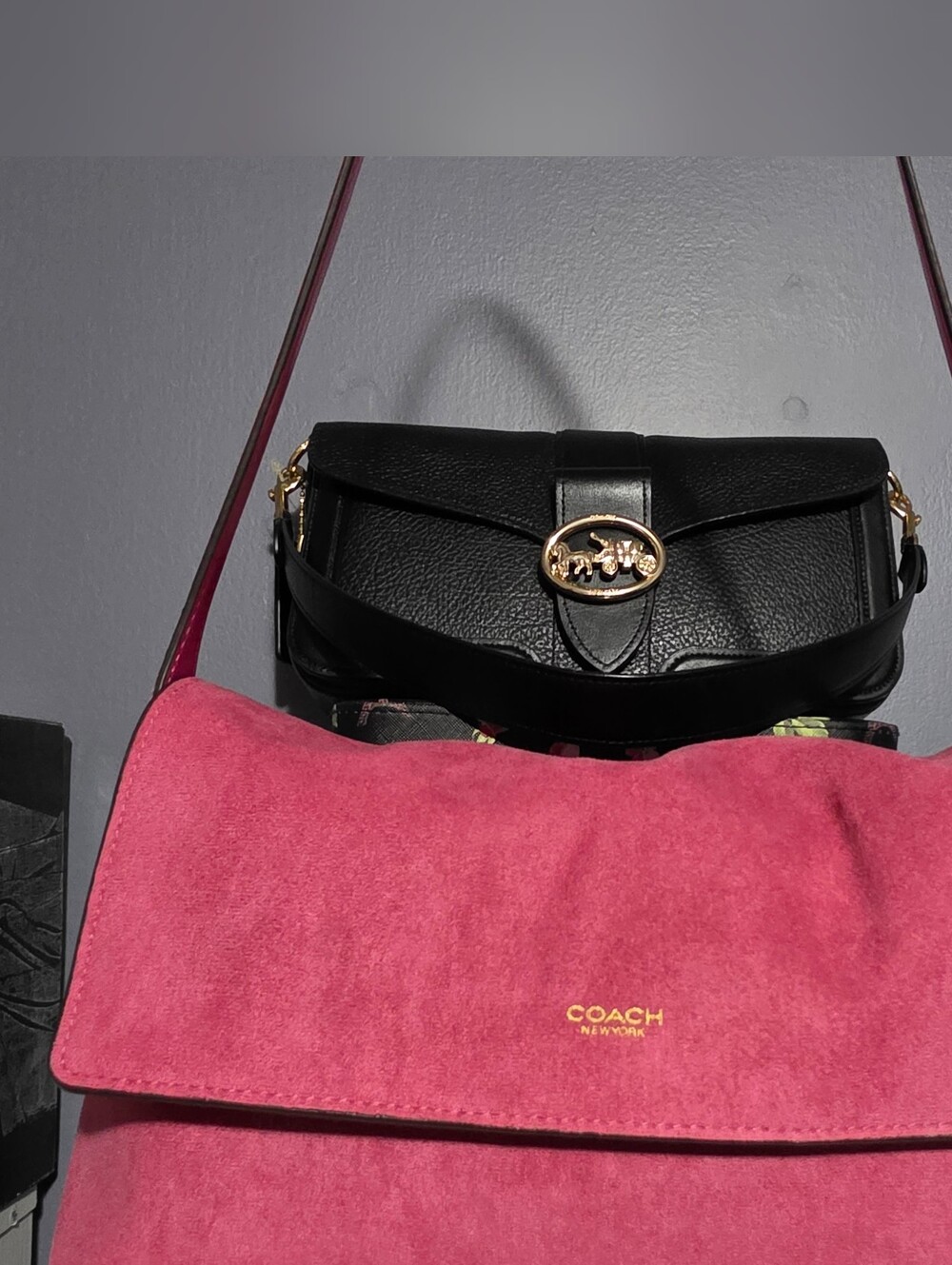 Coach Pink Suede Shoulder Bag with Gold Logo
